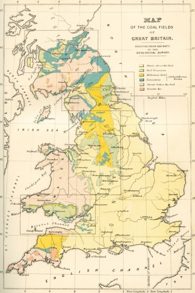 Map showing the coalfields of Great Britain in the 19th century.