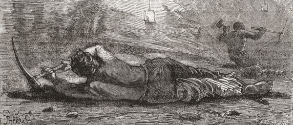 Miner Digging At Coal Mine Coalface In The 19th Century.