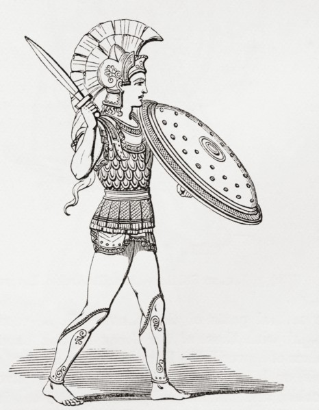 Helmeted Greek Warrior Wearing Greaves And Armour Holding A Clipeus Shield And Sword.