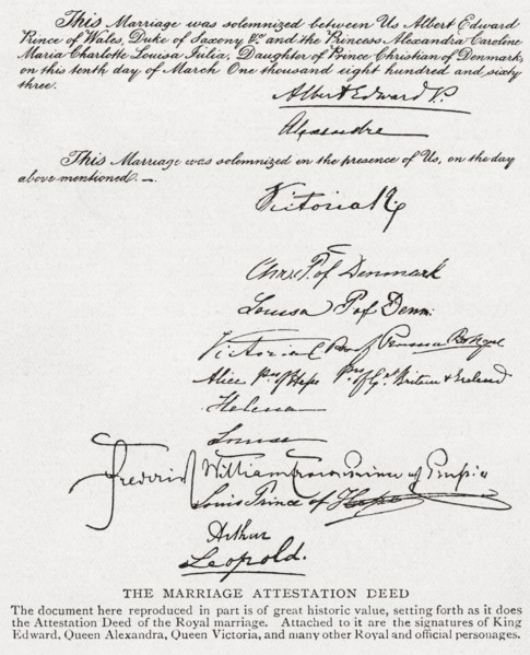 Part of The Attestation Deed of the royal marriage in 1863 between Albert Edward.