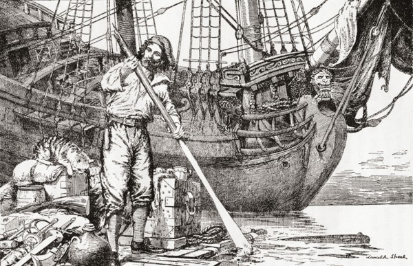 Robinson Crusoe rowing to safety on a raft after being shipwrecked.