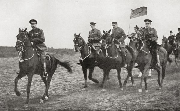 King George V and Lord Kitchener arriving at the parade ground near Aldershot for an inspection of Irish Soldiers.