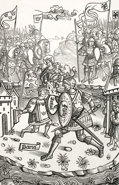 King Arthur fighting the giant, under the protection of the Virgin