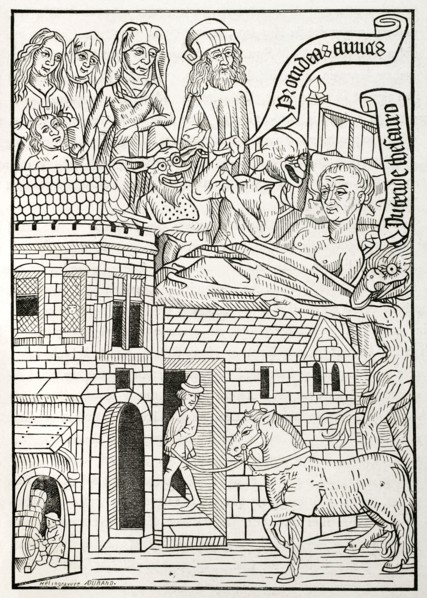 Facsimile of the fifth page from the first woodcut edition of ""Ars Moriendi""