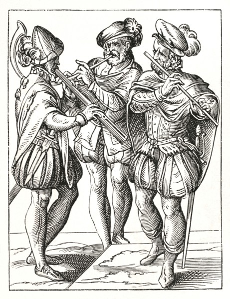 German musicians playing on the flute and goat's horn