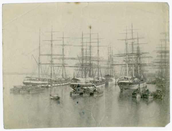 Docked sailing ships, Hooghly River, Calcutta