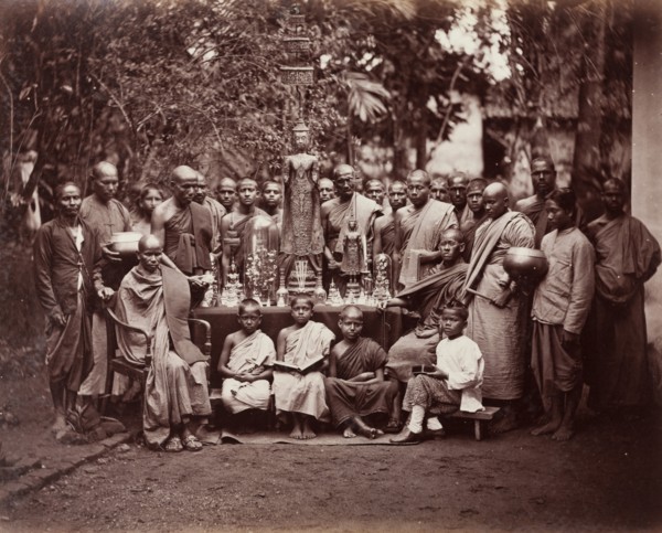Group of Buddhist monks and altar, Kandy