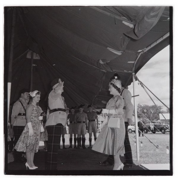 HM the Queen Mother at Cameronians (Scottish Rifles) Camp, Nairobi