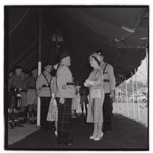HM the Queen Mother at Cameronians (Scottish Rifles) Camp, Nairobi