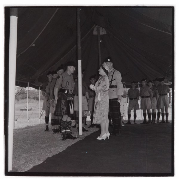 HM the Queen Mother at Cameronians (Scottish Rifles) Camp, Nairobi