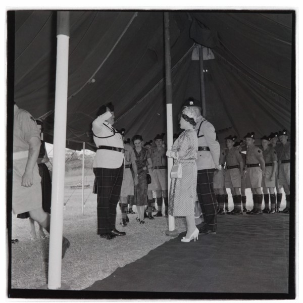 HM the Queen Mother at Cameronians (Scottish Rifles) Camp, Nairobi