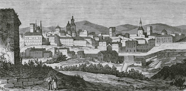 Spain, Aragon, Teruel. View of the city. Illustration by Fernando Miranda. Engraving by Sierra.