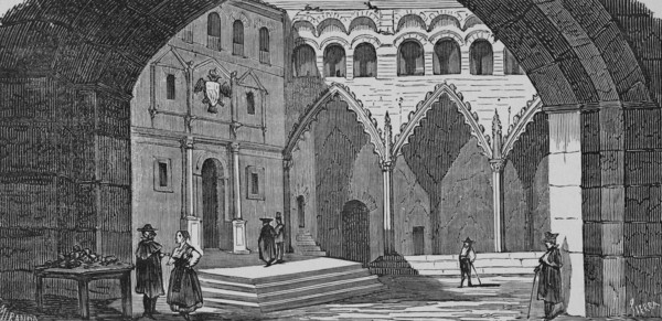 Spain, Aragon, Teruel province, Alcañiz. Porticos of the Square (now Spain Square). Illustration by