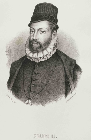 Philip II (1527-1598). King of Spain (1556-1598). Portrait. Illustration by Salcedo. Lithography.