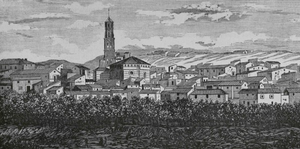 Spain, Aragon, Zaragoza province, Ricla. General view of the village. Engraving. Cronica General de