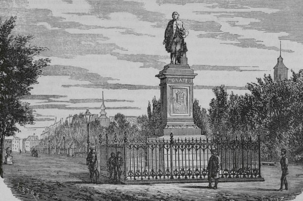 Spain, Aragon, Zaragoza. Monument to Ramon Pignatelli (1734-1793). Illustration by Letre. Engraving