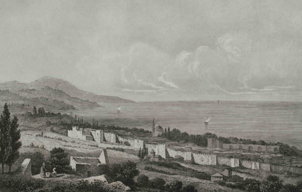 Ottoman Empire era. Turkey. Trabzon. Black Sea coastal city. View. Engraving by Lemaitre, Preaux