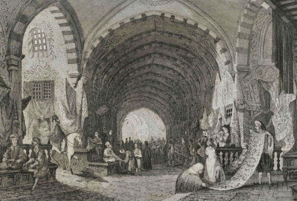 Ottoman Empire. Turkey. Constantinople (today Istanbul). The Bazaar. Engraving by Lemaitre.
