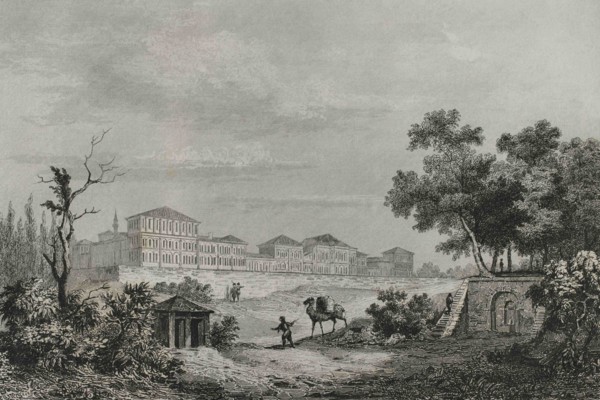 Ottoman Empire. Turkey. Beyoglu. Burial ground or Champs des Morts Barracks at Pera. Engraving by