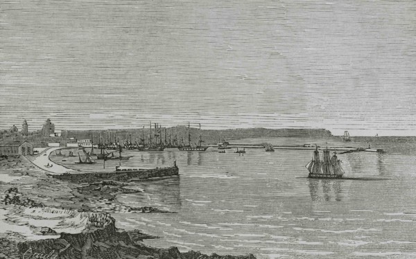 Spain. Panoramic of the Grao of Valencia. Illustration by Caula. Engraving, 19th century. Cronica