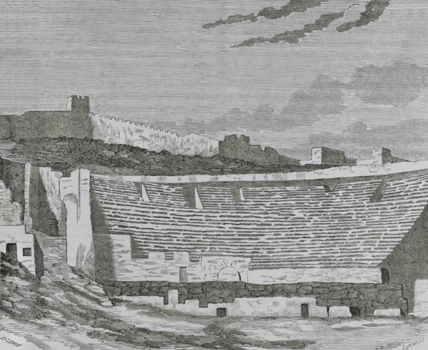 Spain, province of Valencia, Sagunto. View of the ruins of the Roman Theater. Illustration by Sesma