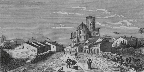Spain, Castellon province, Villarreal. View of the city.  Illustration by Letre. Engraving by Capuz