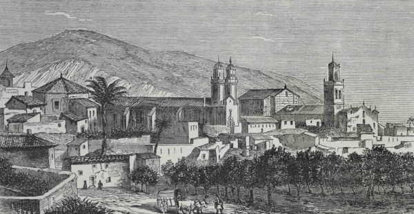Spain, Alicante province, Orihuela. Panoramic of the town. Illustration by Letre. Engraving by