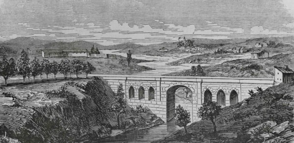 Spain, Alicante province, Alcoy. Panoramic of the Maria Cristina Bridge, over the riverbed of the