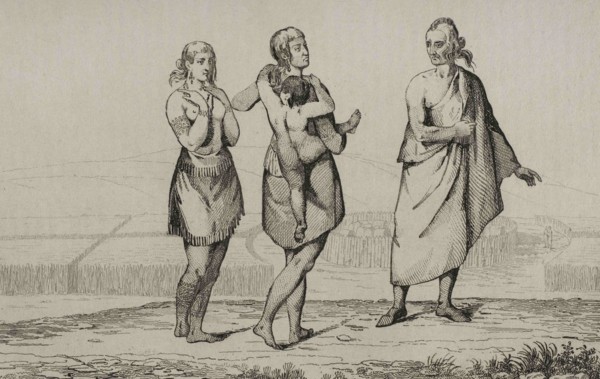 Indian women and old man. Engraving by Vernier. Panorama Universal. History of the United States of