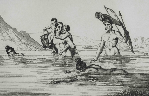 United States of America. 16th century French expedition. Florida. Natives fording a river. Jacques