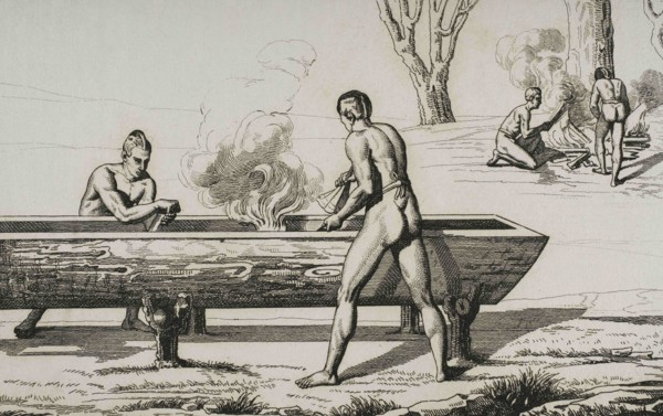 History of the United States of America. 16th century. Canoes production. Hollowing out a wooden