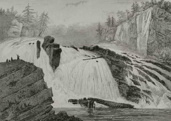 Adley Falls. Hudson river. State of New York. Engraving by Milbert. Panorama Universal. History of