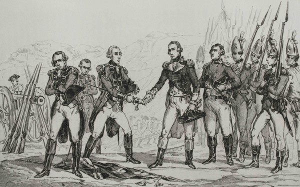 American Revolution. British General John Burgoyne's surrender after the Battlle of Saratoga on 17