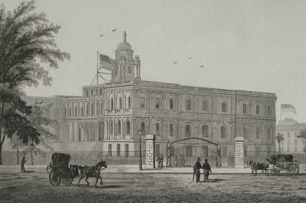 New York. City hall. Engraving by Arnout. Panorama Universal. History of the United States of