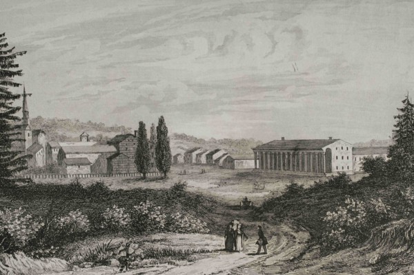 United States. View of Saratoga city. Engraving by Milbert. Panorama Universal. History of the