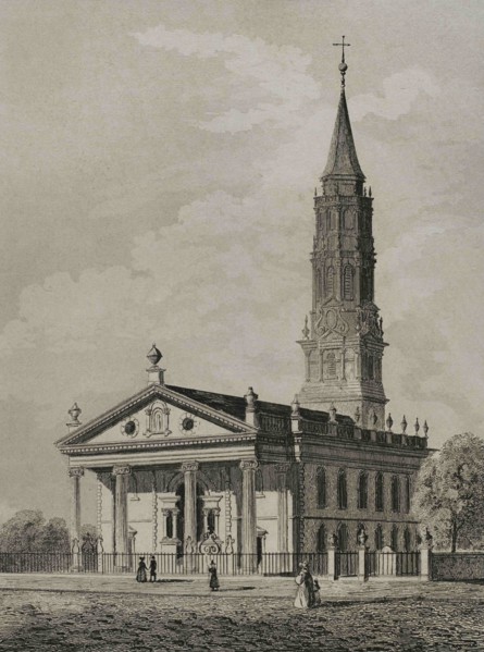 New York. St. Paul's Chapel in Manhattan. Built in 1763. Engraving by Arnout. Panorama Universal.