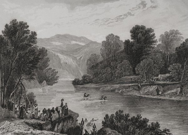 Banks of the Jordan River. Engraving by Aubert. ""La Tierra Santa y los lugares recorridos por los