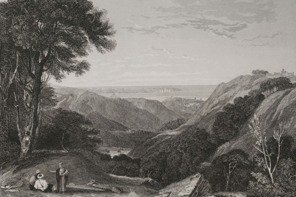 Panoramic view of Mount Lebanon. Engraving by Ransonnette. ""La Tierra Santa y los lugares