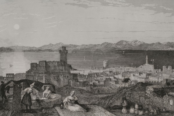 Island of Rhodes. Rhodes. Engraving by Leonce Lhuillier. ""La Tierra Santa y los lugares recorridos