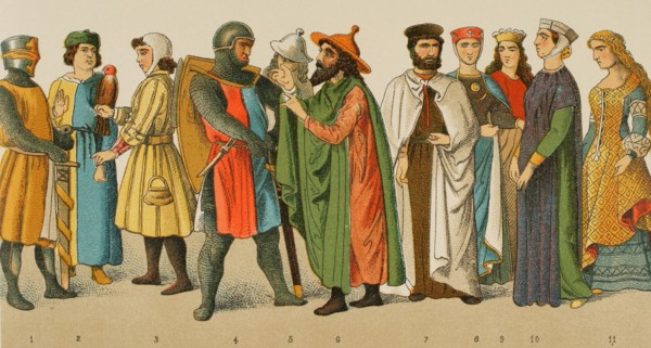 History of Germany. Middle Ages. 1200. From left to right, 1: knight, 2: physician, 3: falconer, 4: