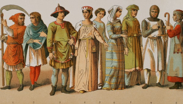 History of France, 1100. From left to right, 1-2: ploughmen, 3: nobleman, 4-5-6-7: noble ladies, 8: