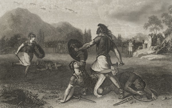 Fight between the Horatii and the Curiatii. Engraving. "Historia Universal", by César Cantú. Volume