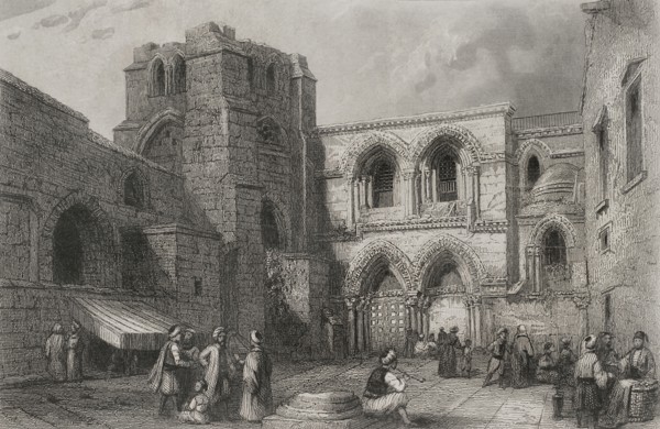 History of Israel. Jerusalem. Entrance to the Church of the Holy Sepulchre. Engraving. "Historia