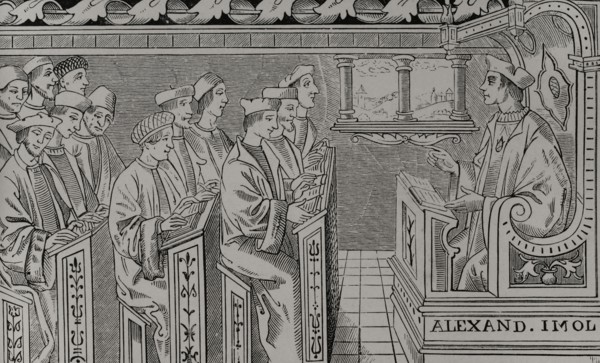 Interior of a School. Engraving from a 16th century print. Sciences & Lettres au Moyen Age et a