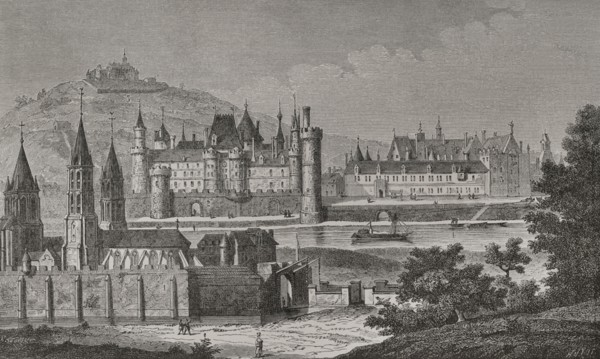 France. Paris. View of Saint-Germain-des-Pres and Pre aux Clercs under reign of Charles V. Abbey of