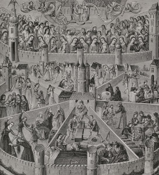 Heavenly city and earthly city. Representation of the ""City of God"" as imagined by St. Augustine.