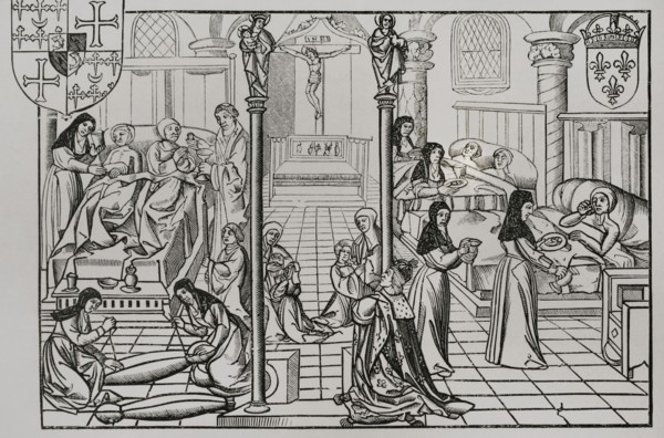 France. A ward in the Hotel-Dieu, in Paris. Facsimile after a 16th century wood engraving, in the