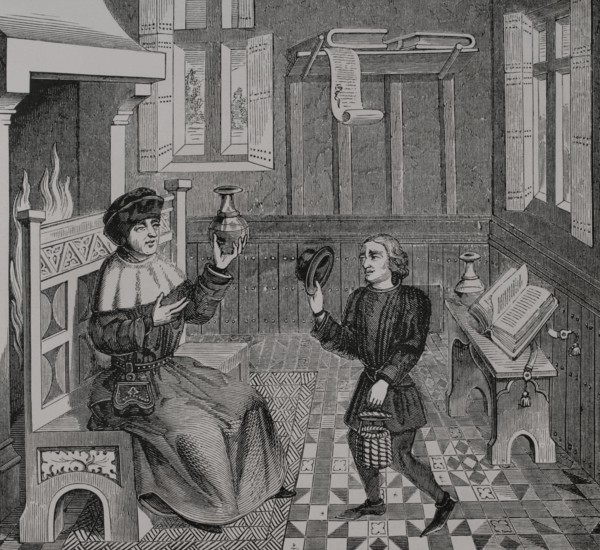 Interior of a Doctor's House. Engraving from a miniature of the ""Epistre de Othea"" by Christine