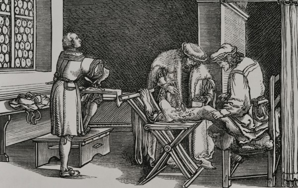 German surgeon. Facsimile of an engraving attributed to Hans Holbein, in the German translation of