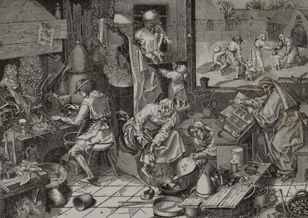 Laboratory of an alchemist. Engraving by Huyot after a panel by Pieter Brueghel the Elder and